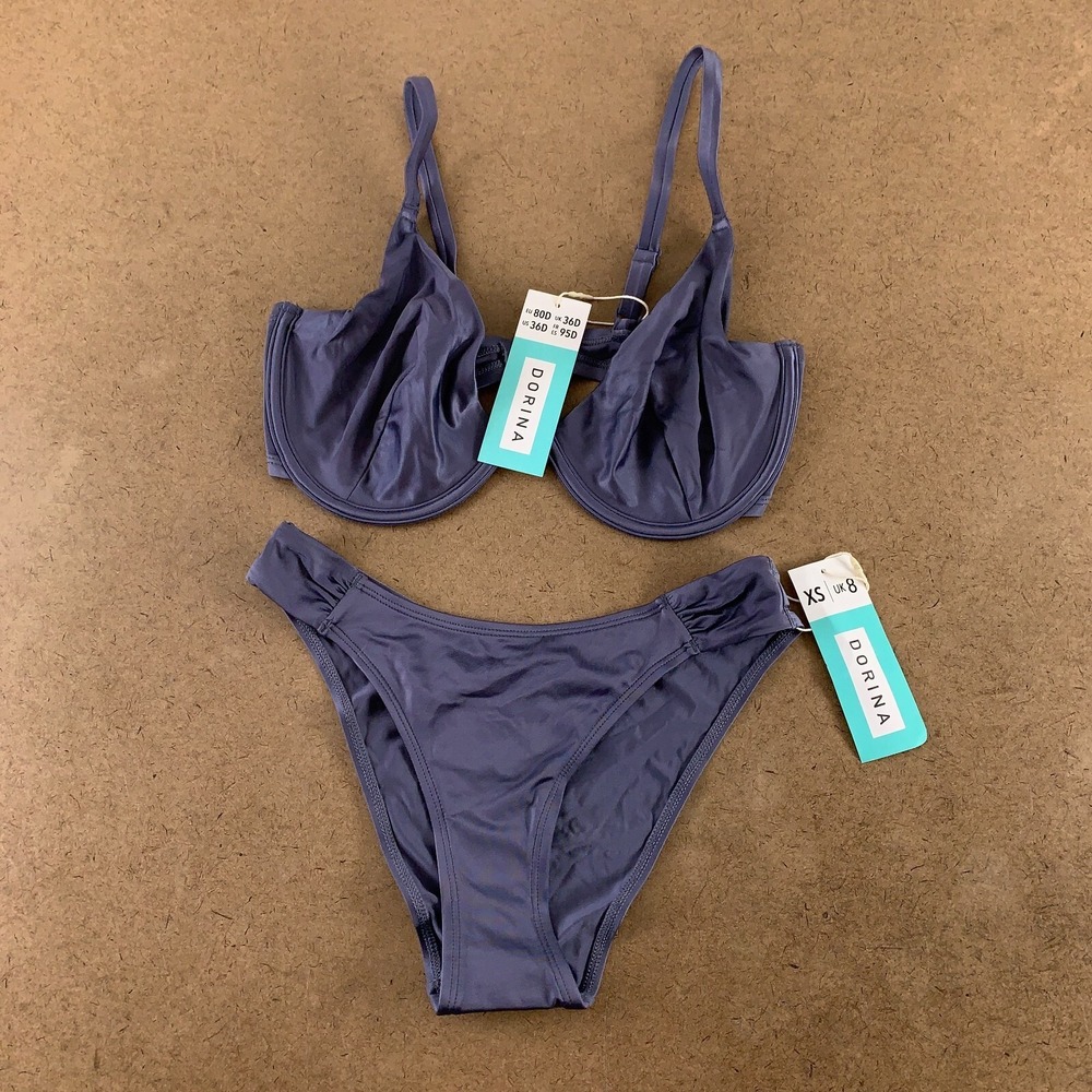 DORINA Women's Gray Majorelle 36D Underwire Top XS High Leg 2 Piece Bikini NWT